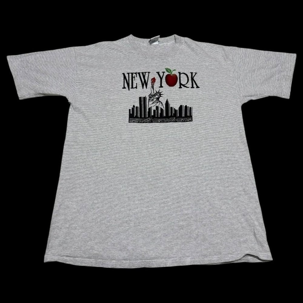 Cal‎ Cru Vintage 90s New York Skyline Twin Towers Striped Shirt Adult Large